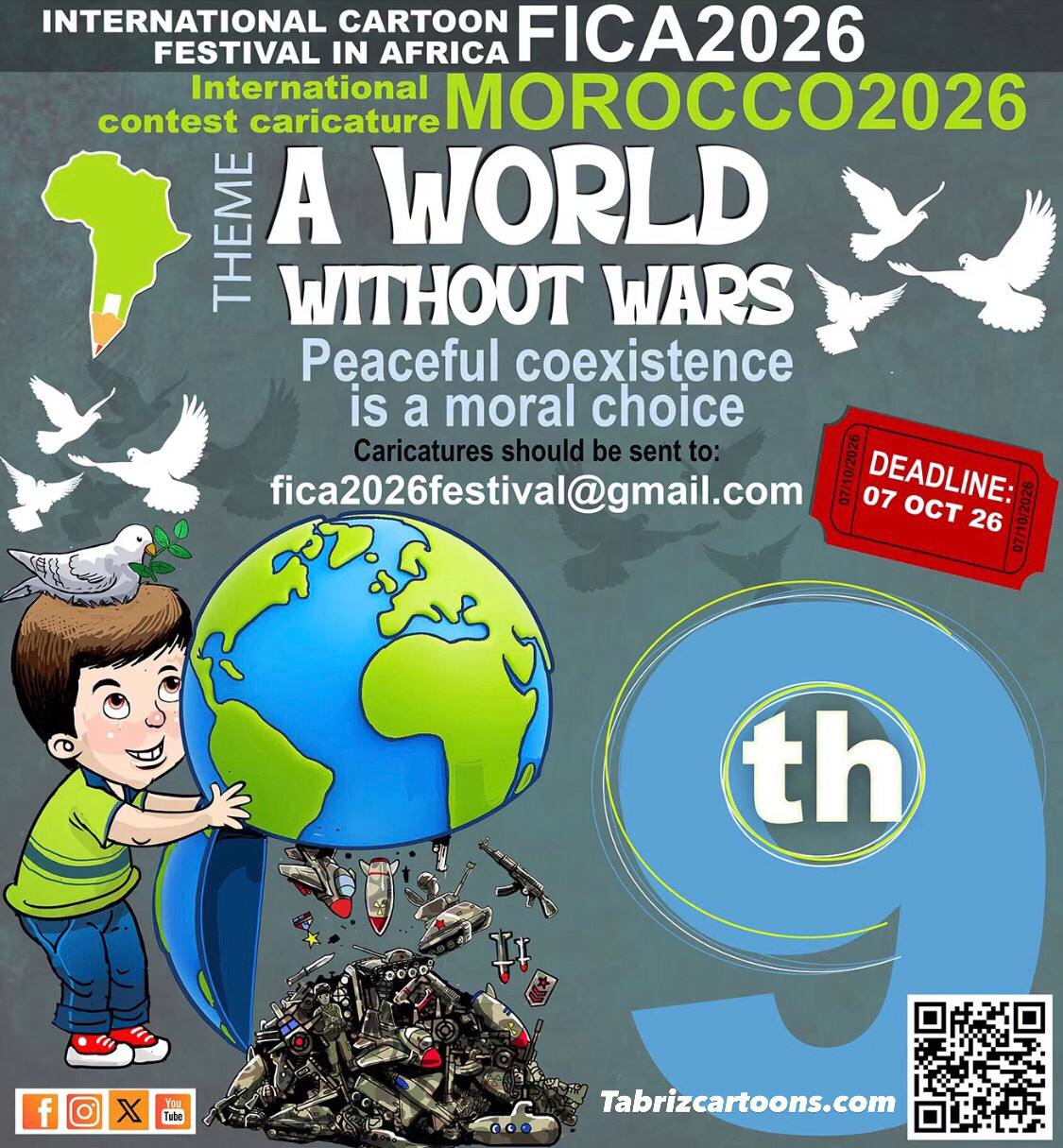 Locandina del 9° FICA 2026, concorso internazionale di caricatura sul tema Un mondo senza guerra